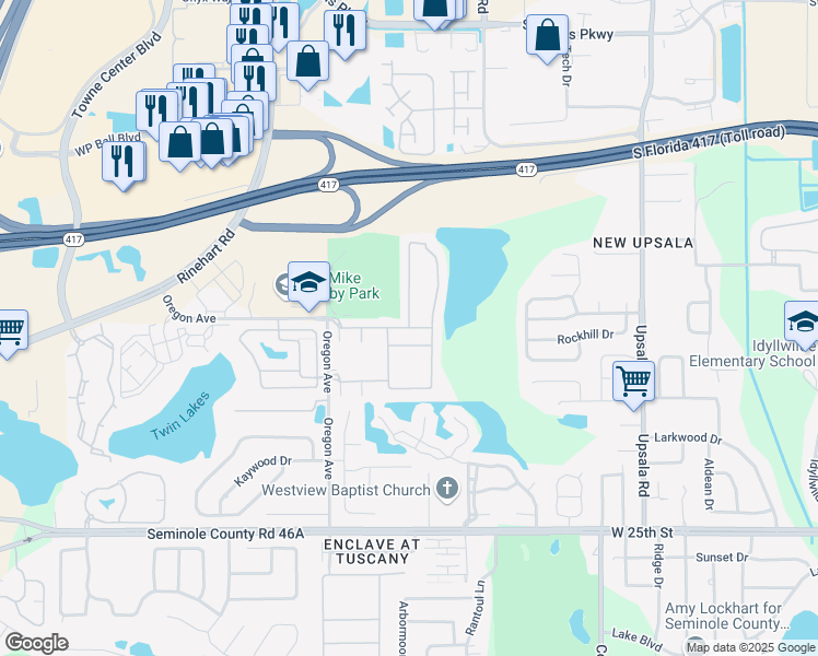 map of restaurants, bars, coffee shops, grocery stores, and more near Travertine Terrace in Sanford