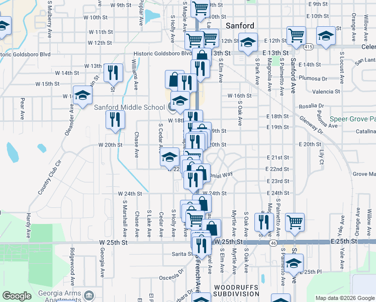 map of restaurants, bars, coffee shops, grocery stores, and more near 706 West 20th Street in Sanford