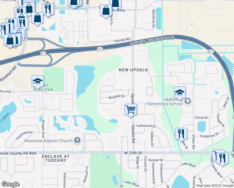 map of restaurants, bars, coffee shops, grocery stores, and more near 101 Sandpebble Place in Sanford
