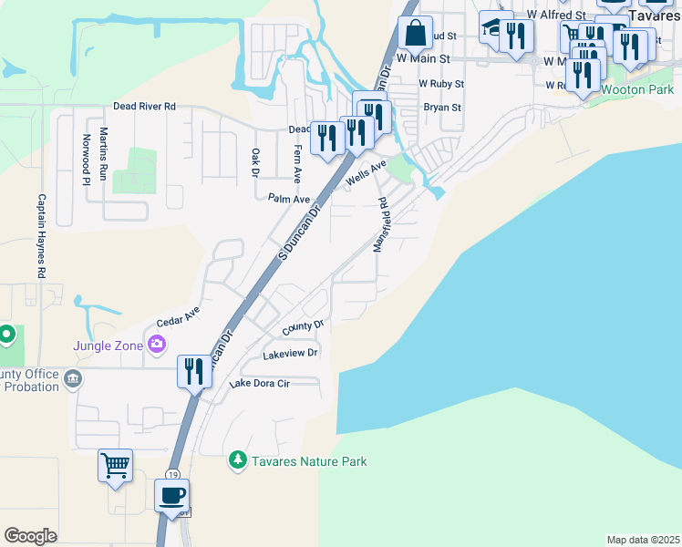 map of restaurants, bars, coffee shops, grocery stores, and more near 1086 Hibiscus Court in Tavares