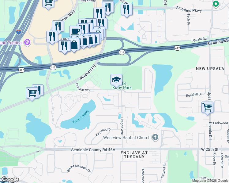 map of restaurants, bars, coffee shops, grocery stores, and more near 3120 Retreat View Circle in Sanford