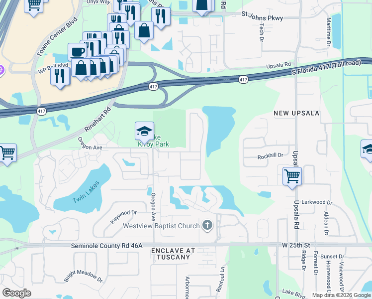 map of restaurants, bars, coffee shops, grocery stores, and more near 1767 Travertine Terrace in Sanford