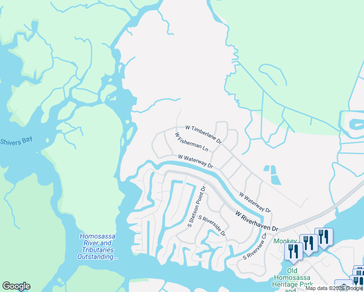 map of restaurants, bars, coffee shops, grocery stores, and more near 11804 West Fisherman Lane in Homosassa