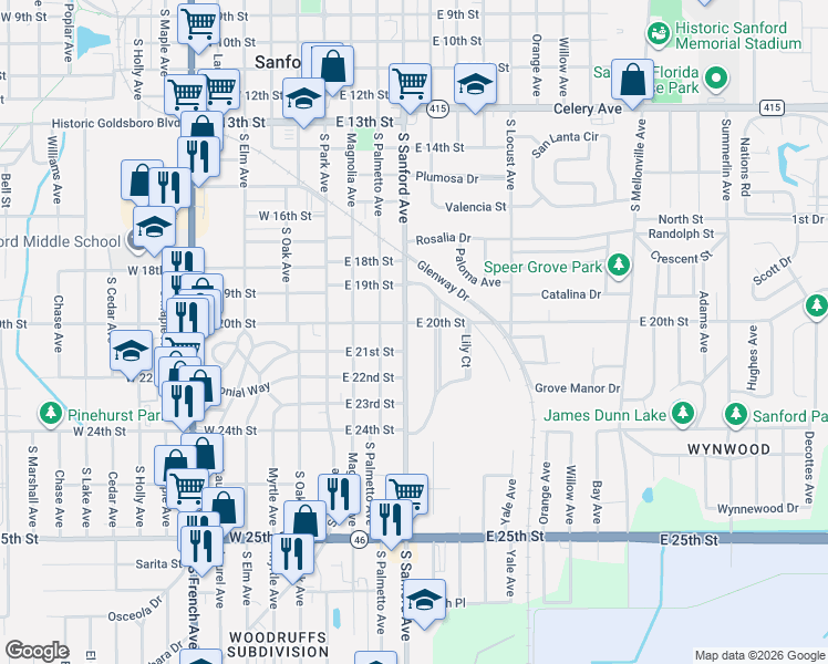 map of restaurants, bars, coffee shops, grocery stores, and more near 1920 Hibiscus Court in Sanford