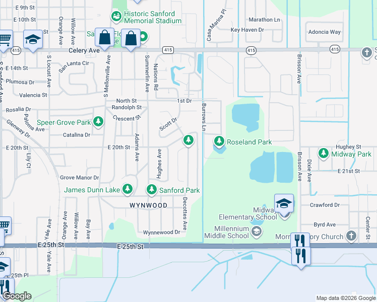 map of restaurants, bars, coffee shops, grocery stores, and more near 121 Cedar Ridge Lane in Sanford