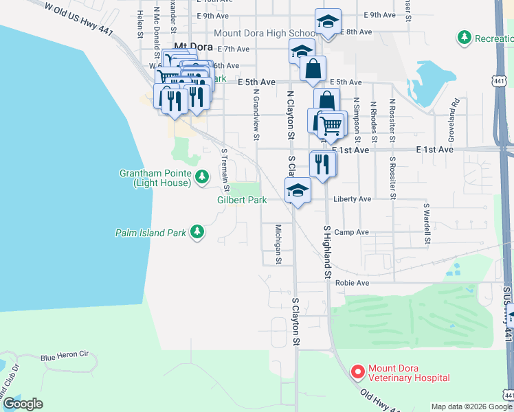 map of restaurants, bars, coffee shops, grocery stores, and more near 445 South Grandview Street in Mount Dora