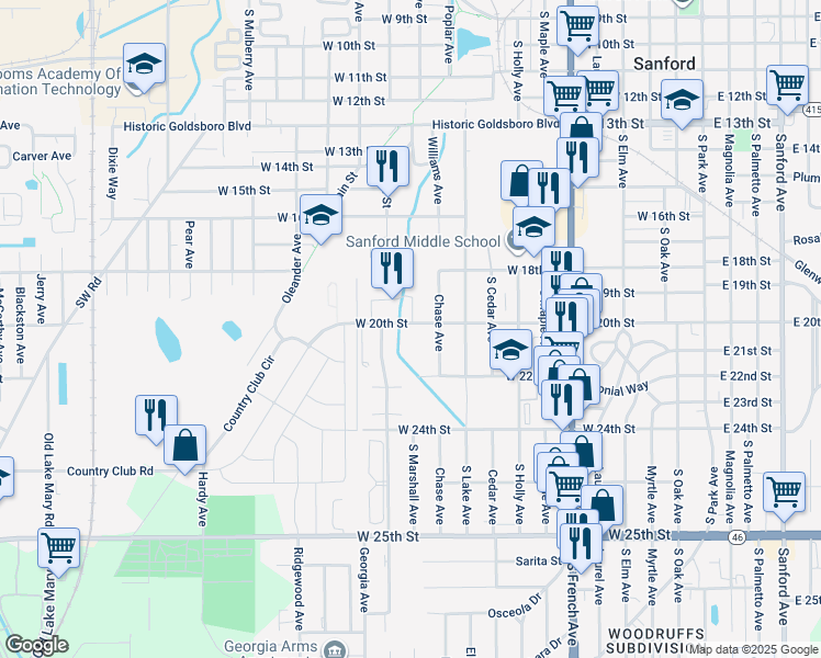 map of restaurants, bars, coffee shops, grocery stores, and more near 1201 West 20th Street in Sanford