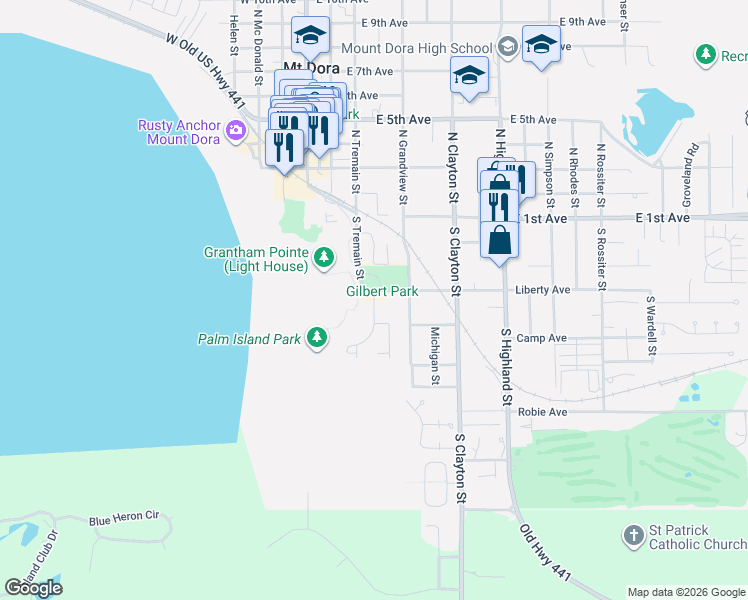 map of restaurants, bars, coffee shops, grocery stores, and more near 508 High Point Drive in Mount Dora