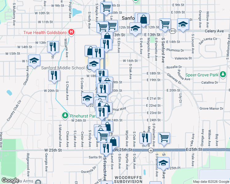 map of restaurants, bars, coffee shops, grocery stores, and more near 403 West 20th Street in Sanford