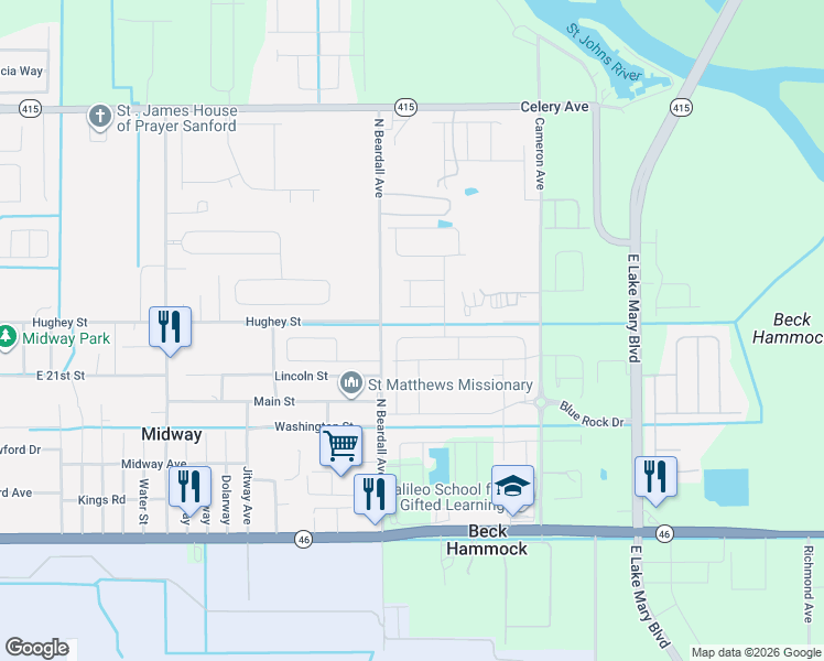 map of restaurants, bars, coffee shops, grocery stores, and more near 3928 Silverstream Terrace in Sanford