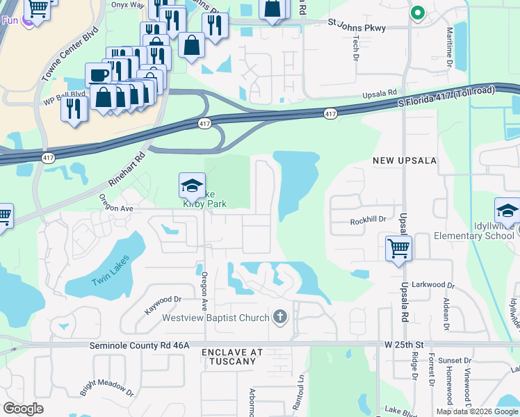 map of restaurants, bars, coffee shops, grocery stores, and more near 1767 Travertine Terrace in Sanford