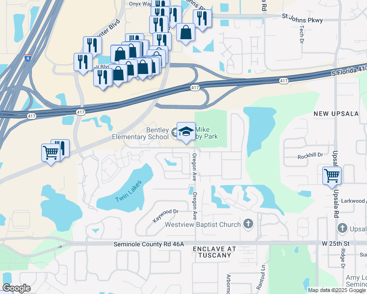 map of restaurants, bars, coffee shops, grocery stores, and more near 2190 South Oregon Avenue in Sanford