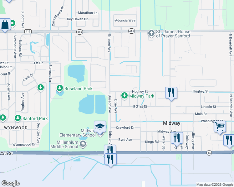 map of restaurants, bars, coffee shops, grocery stores, and more near 2411 East 20th Street in Sanford