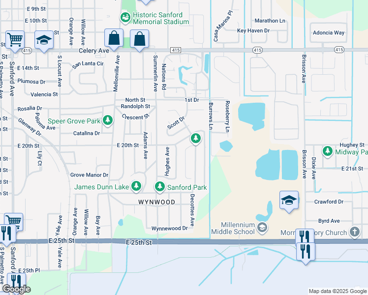 map of restaurants, bars, coffee shops, grocery stores, and more near 108 Drew Avenue in Sanford