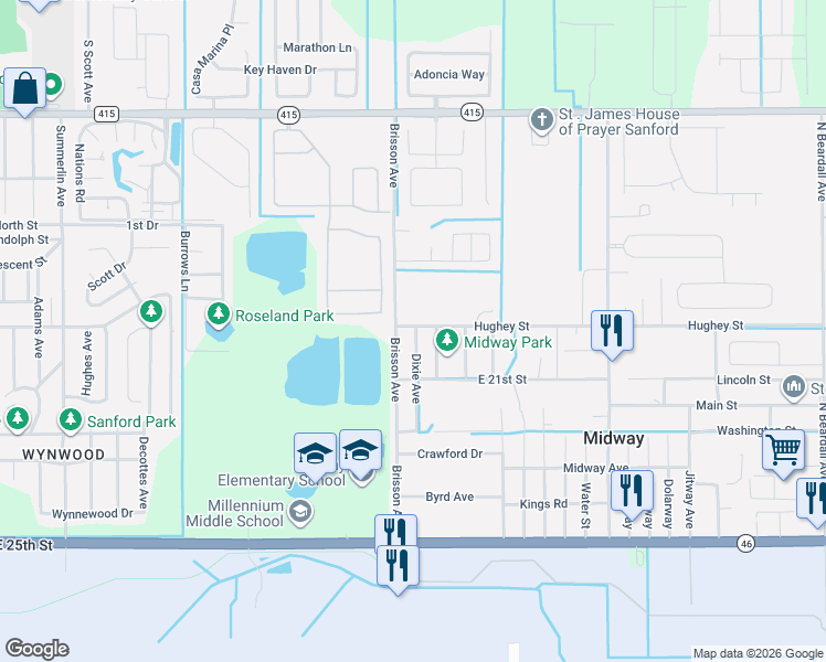 map of restaurants, bars, coffee shops, grocery stores, and more near 2411 East 20th Street in Sanford