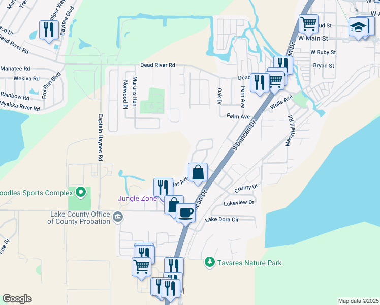 map of restaurants, bars, coffee shops, grocery stores, and more near 970 Cedar Avenue in Tavares