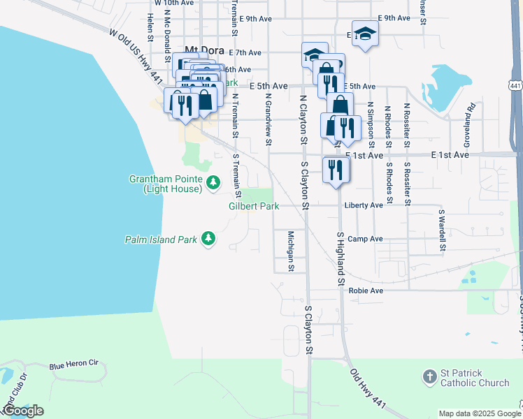 map of restaurants, bars, coffee shops, grocery stores, and more near 450 Liberty Avenue in Mount Dora