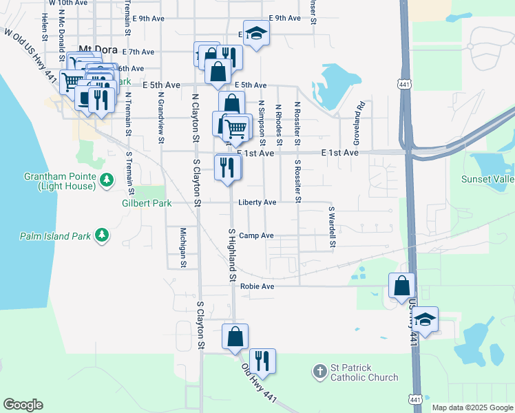 map of restaurants, bars, coffee shops, grocery stores, and more near 1016 Liberty Avenue in Mount Dora