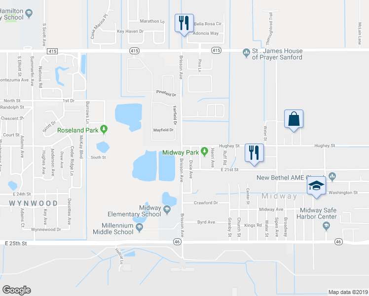map of restaurants, bars, coffee shops, grocery stores, and more near 2401 East 20th Street in Sanford