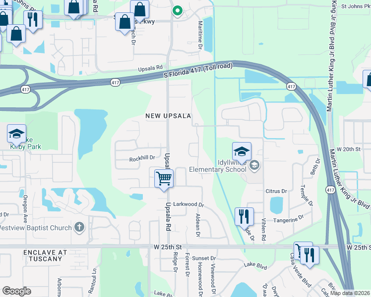 map of restaurants, bars, coffee shops, grocery stores, and more near 116 Royalty Circle in Sanford