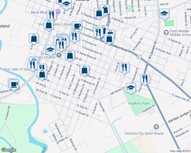 map of restaurants, bars, coffee shops, grocery stores, and more near 702 East Convent Street in Victoria