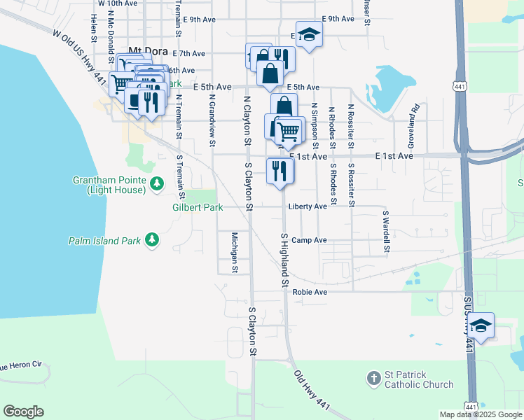 map of restaurants, bars, coffee shops, grocery stores, and more near 748 Liberty Avenue in Mount Dora