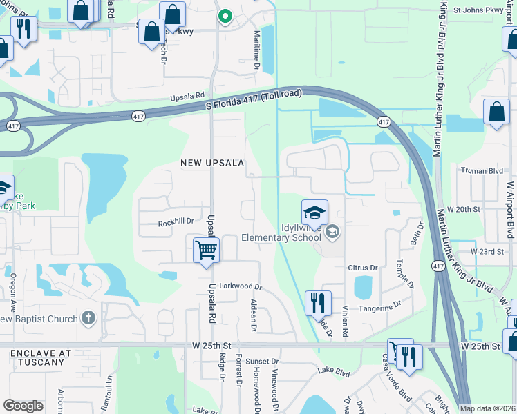 map of restaurants, bars, coffee shops, grocery stores, and more near 119 Crown Colony Way in Sanford