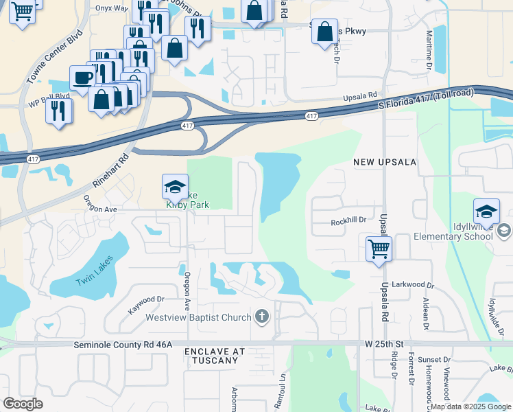 map of restaurants, bars, coffee shops, grocery stores, and more near 1444 Travertine Terrace in Sanford
