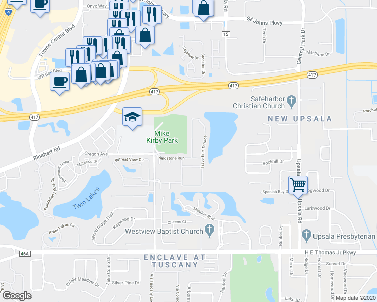 map of restaurants, bars, coffee shops, grocery stores, and more near 1767 Travertine Terrace in Sanford