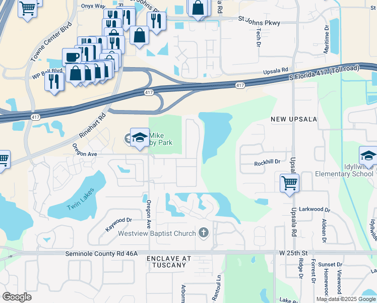 map of restaurants, bars, coffee shops, grocery stores, and more near 1767 Travertine Terrace in Sanford