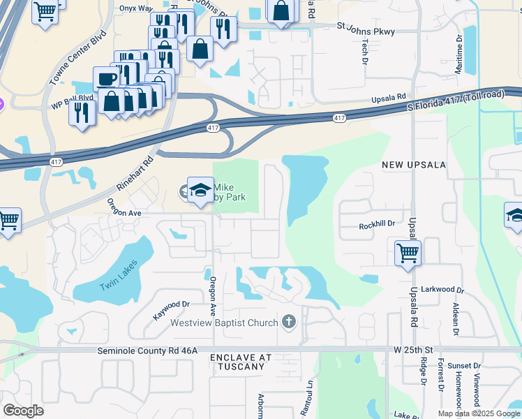 map of restaurants, bars, coffee shops, grocery stores, and more near 1767 Travertine Terrace in Sanford