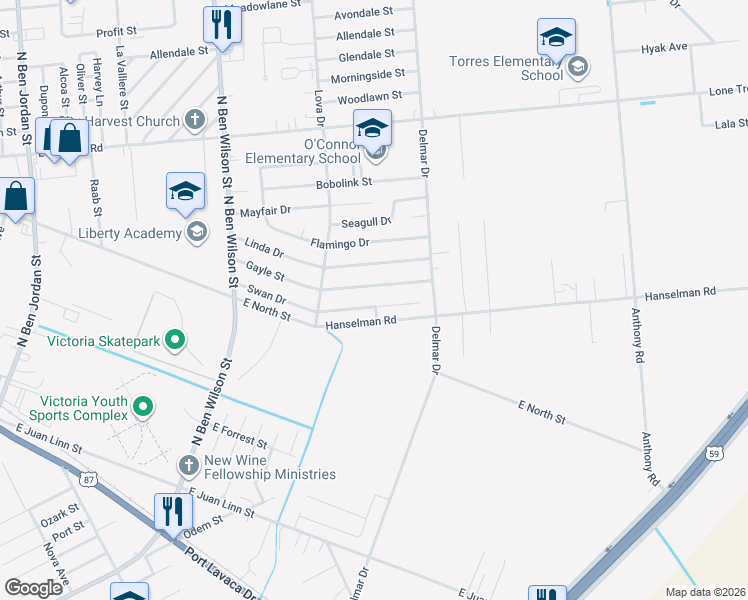 map of restaurants, bars, coffee shops, grocery stores, and more near 3408 Swan Drive in Victoria