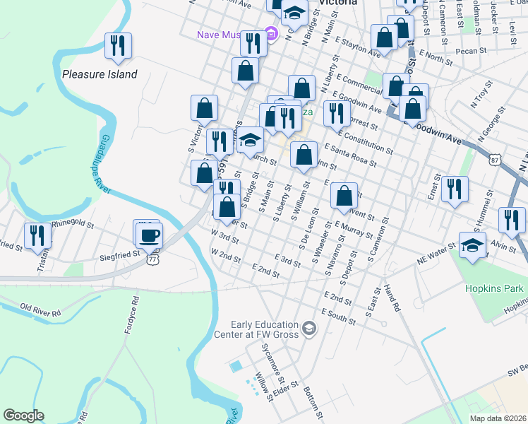 map of restaurants, bars, coffee shops, grocery stores, and more near 608 South Main Street in Victoria