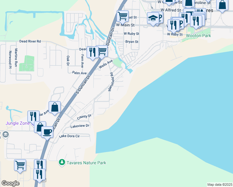 map of restaurants, bars, coffee shops, grocery stores, and more near 955 Mansfield Road in Tavares