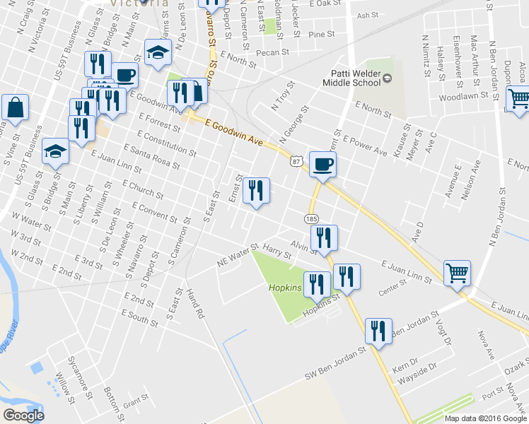 map of restaurants, bars, coffee shops, grocery stores, and more near 1208 East Juan Linn Street in Victoria