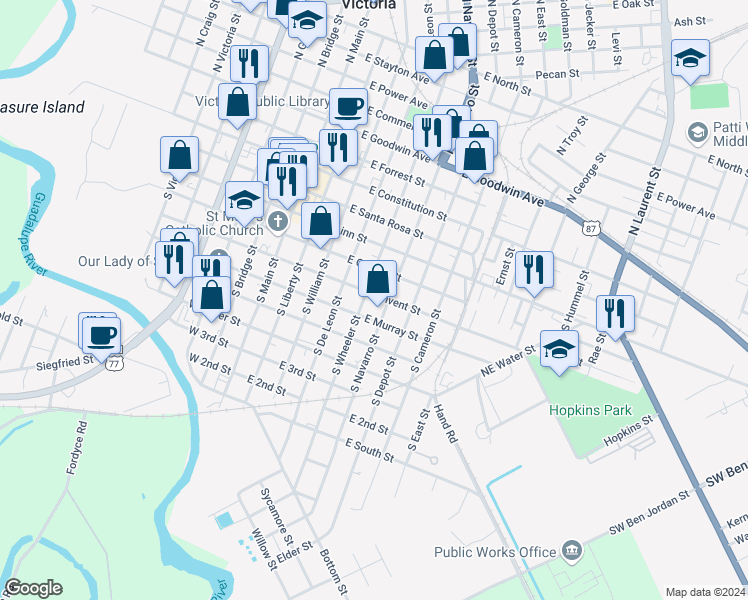 map of restaurants, bars, coffee shops, grocery stores, and more near 505 East Convent Street in Victoria