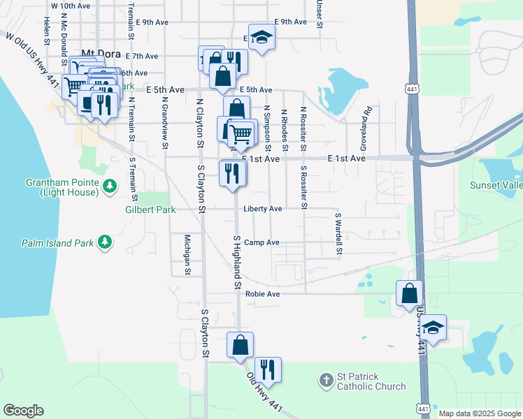 map of restaurants, bars, coffee shops, grocery stores, and more near 1016 Liberty Avenue in Mount Dora