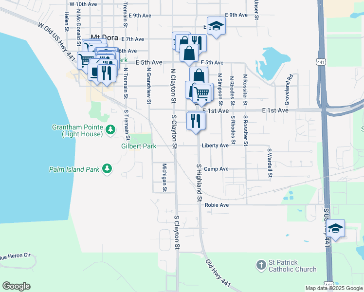 map of restaurants, bars, coffee shops, grocery stores, and more near 748 Liberty Avenue in Mount Dora