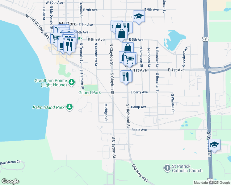 map of restaurants, bars, coffee shops, grocery stores, and more near 748 Liberty Avenue in Mount Dora