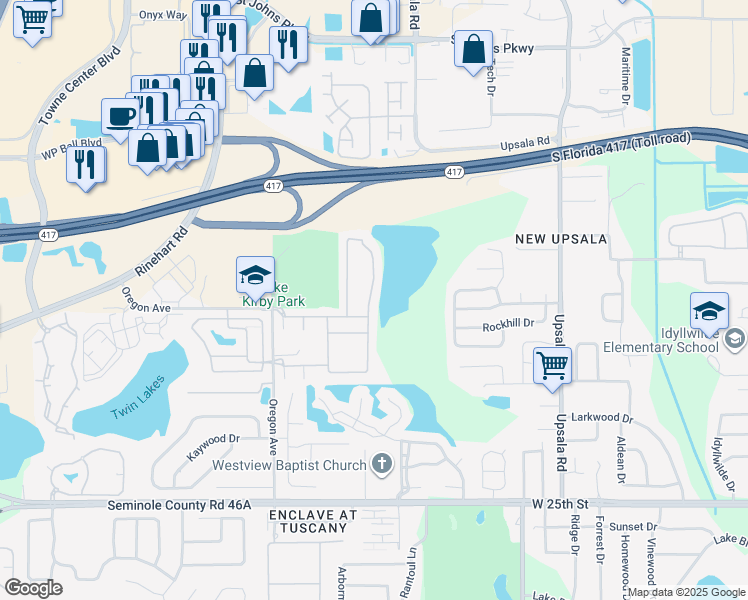 map of restaurants, bars, coffee shops, grocery stores, and more near 1444 Travertine Terrace in Sanford