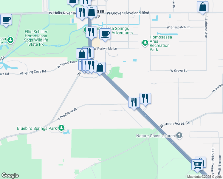 map of restaurants, bars, coffee shops, grocery stores, and more near 4650 South Suncoast Boulevard in Homosassa