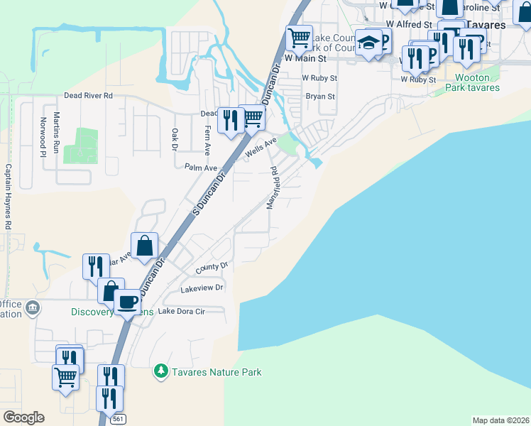 map of restaurants, bars, coffee shops, grocery stores, and more near 925 Hibiscus Court in Tavares