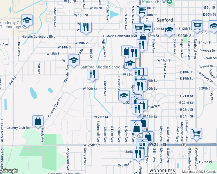 map of restaurants, bars, coffee shops, grocery stores, and more near 1008 West 20th Street in Sanford