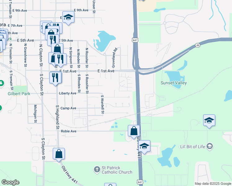 map of restaurants, bars, coffee shops, grocery stores, and more near 404 South Cobble Court in Mount Dora