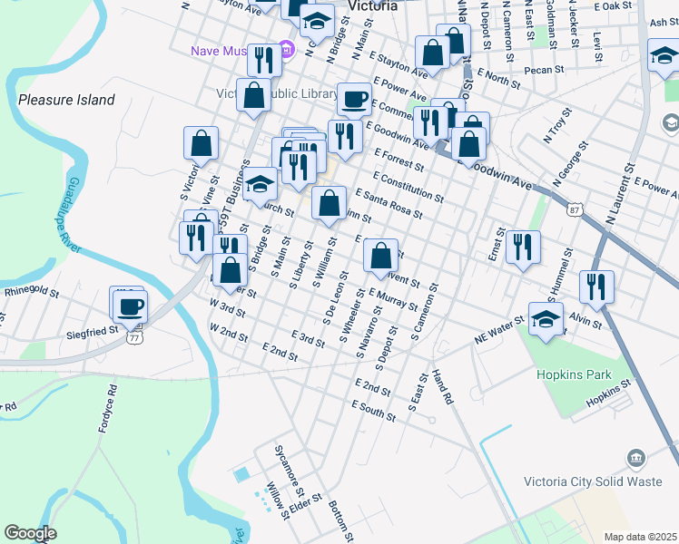 map of restaurants, bars, coffee shops, grocery stores, and more near 507 South De Leon Street in Victoria