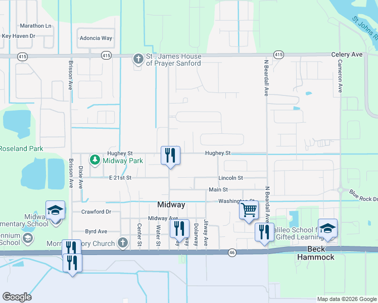map of restaurants, bars, coffee shops, grocery stores, and more near 3320 Hughey Street in Sanford