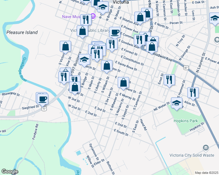map of restaurants, bars, coffee shops, grocery stores, and more near 507 South De Leon Street in Victoria