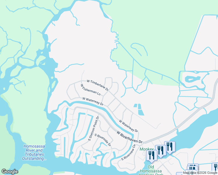 map of restaurants, bars, coffee shops, grocery stores, and more near 11625 West Timberlane Drive in Homosassa