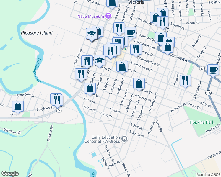 map of restaurants, bars, coffee shops, grocery stores, and more near 608 South Main Street in Victoria