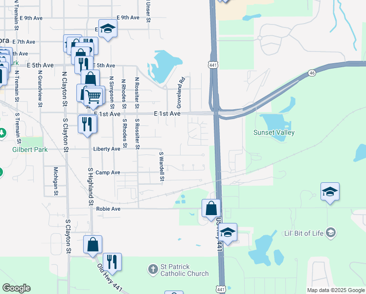 map of restaurants, bars, coffee shops, grocery stores, and more near 400 South Cobble Court in Mount Dora